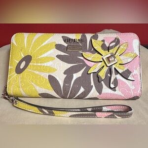 Guess MultiColor Floral Textured Coated Canvas/Fabric Zip Around Wristlet Wallet